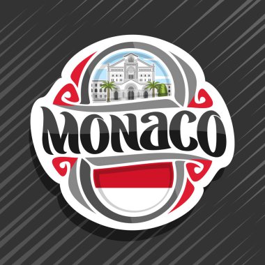 Monaco ülke, Monakolu devlet bayrağı, word monaco ve ulusal sembol - Saint Nicholas Katedrali bulutlu gökyüzü arka plan üzerine Monte Carlo'da için orijinal fırça yazı ile buzdolabı mıknatıs için vektör logo