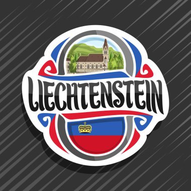 Liechtenstein Prensliği, devlet bayrağı ile buzdolabı mıknatıs, word Liechtenstein, ulusal sembol - Cathedral St. Florin Vaduz doğa arka plan üzerinde orijinal fırça yazı için vektör logo.