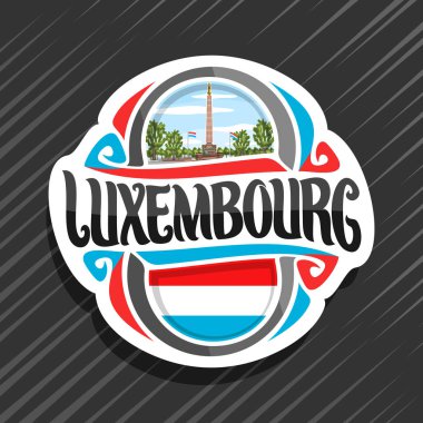Lüksemburg ülke, Lüksemburgca bayrak, word Lüksemburg ve ulusal sembol - Gelle Fra veya altın kadın heykeli bulutlu gökyüzü arka plan üzerinde orijinal fırça yazı ile buzdolabı mıknatıs için vektör logo