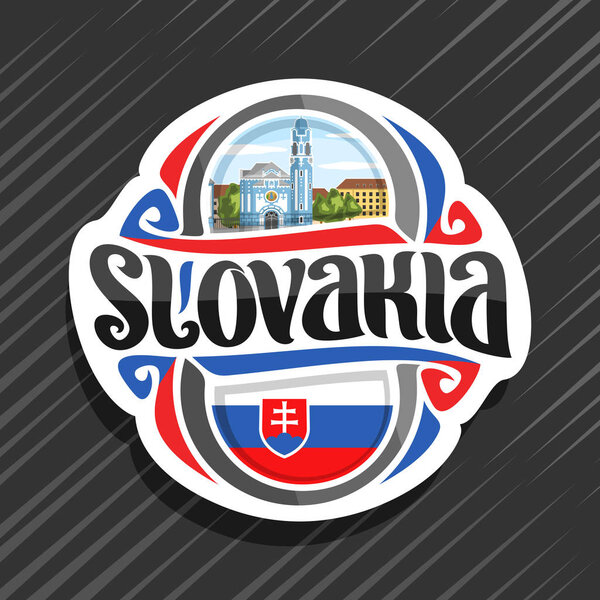 Vector logo for Slovakia country, fridge magnet with slovakian flag, brush typeface for word slovakia, national slovakian symbol - Blue Church of St. Elizabeth in Bratislava on cloudy sky background.
