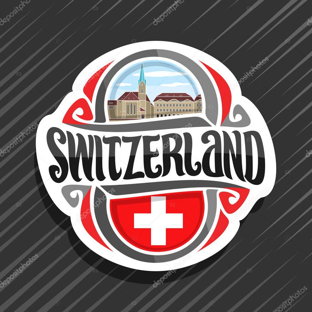 Vector logo for Switzerland country, fridge magnet with swiss flag, original brush typeface for word switzerland and national swiss symbol - Fraumunster church in Zurich on cloudy sky background.