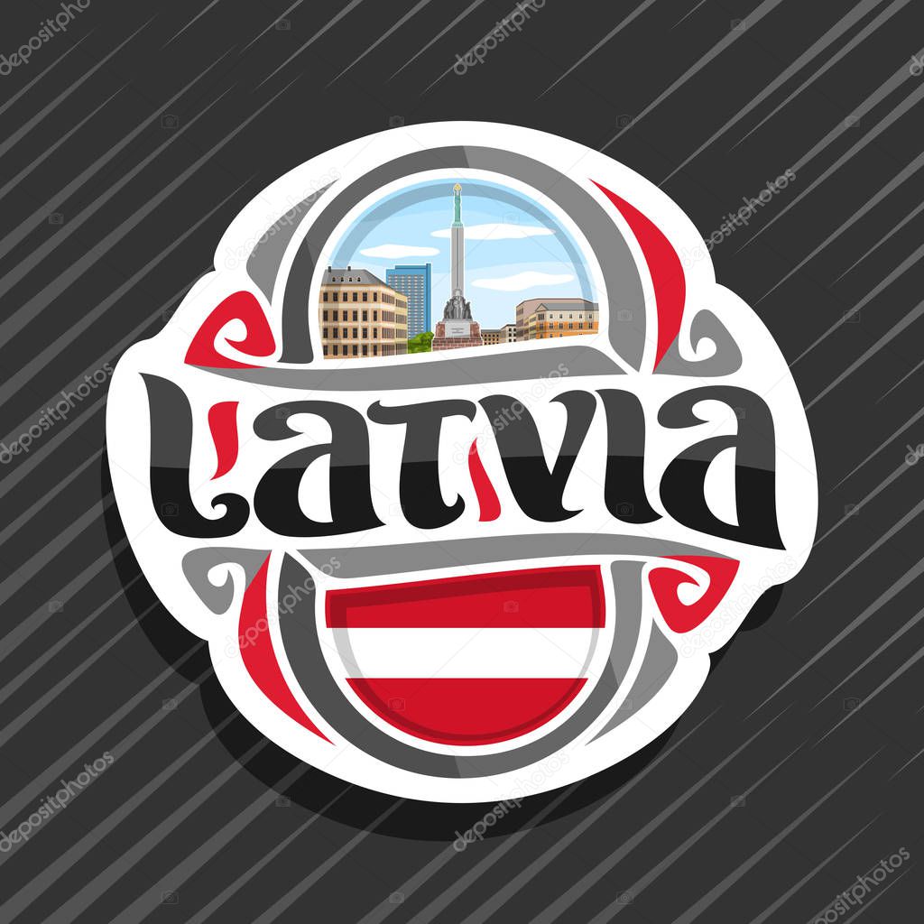 Vector logo for Latvia country, fridge magnet with latvian state flag, original brush typeface for word latvia and national latvian symbol - Freedom Monument in Riga on blue cloudy sky background.