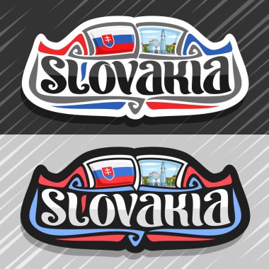Slovakya ülke, Slovakça bayrağı ile buzdolabı mıknatıs, fırça yazı için word Slovakya, Ulusal Slovakça sembol - mavi Kilisesi St Elizabeth bulutlu gökyüzü arka plan üzerinde Bratislava için vektör logo.
