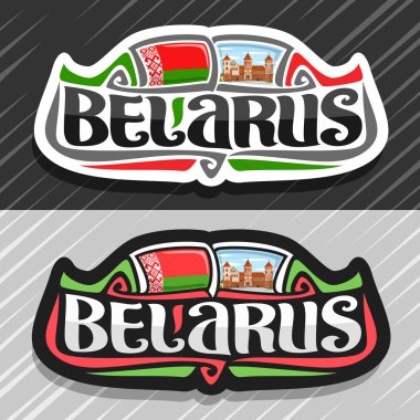 Beyaz Rusya ülke için vektör logo, Belarus Devlet bayrağı ile buzdolabı mıknatıs, orijinal fırça yazı kelime Beyaz Rusya ve ulusal Beyaz Rusça sembolü - mavi bulutlu gökyüzü arka plan üzerinde Nesvizh kale.