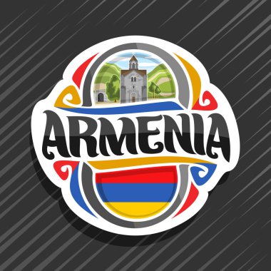 Ermenistan ülke, Ermeni devlet bayrağı ile buzdolabı mıknatıs, word Ermenistan, Ermeni Ulusal sembol - Haghpat Manastırı çan kulesinde bulutlu gökyüzü arka plan üzerinde orijinal fırça yazı için vektör logo.