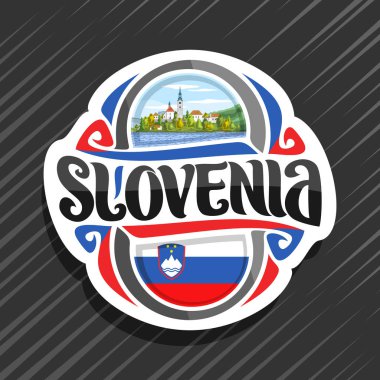 Slovenya ülke, Sloven devlet bayrağı, word Slovenya ve ulusal Sloven sembol - hac kilise Adası dağlar zemin üzerine için özgün fırça yazı ile buzdolabı mıknatıs için vektör logo