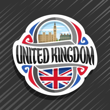 Vector logo for United Kingdom, fridge magnet with Union Jack state flag, original brush typeface for word united kingdom, national symbol of Great Britain - Big Ben in London on cloudy sky background clipart
