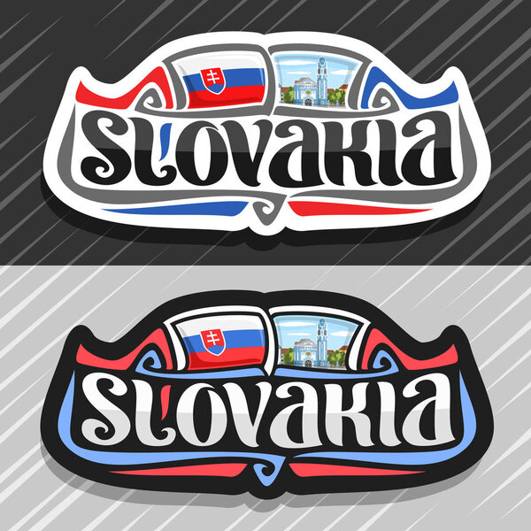 Vector logo for Slovakia country, fridge magnet with slovakian flag, brush typeface for word slovakia, national slovakian symbol - Blue Church of St. Elizabeth in Bratislava on cloudy sky background.
