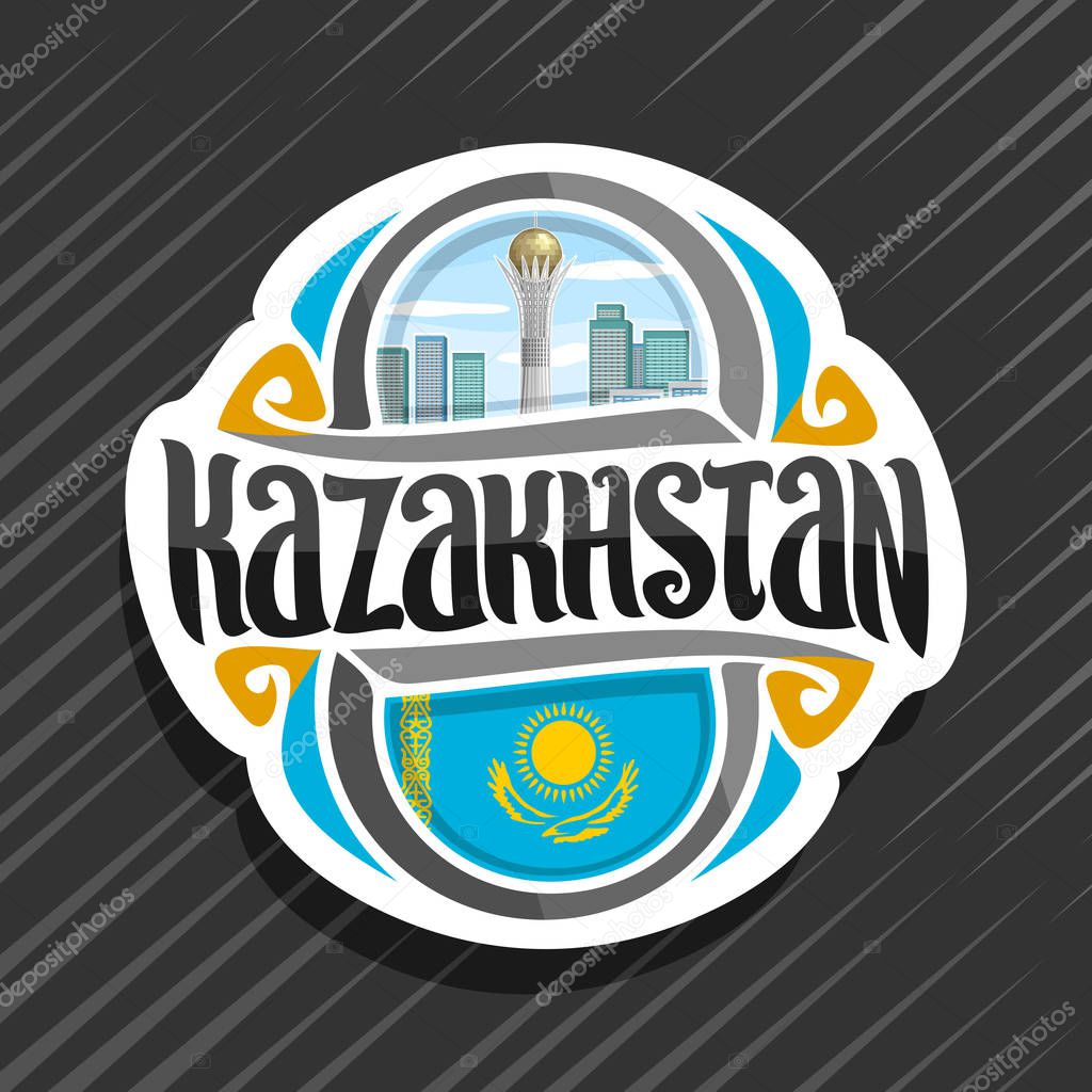 Vector logo for Kazakhstan country, fridge magnet with kazakh state flag, original brush typeface for word kazakhstan, national kazakh symbol - Baiterek Tower in Astana on blue cloudy sky background.