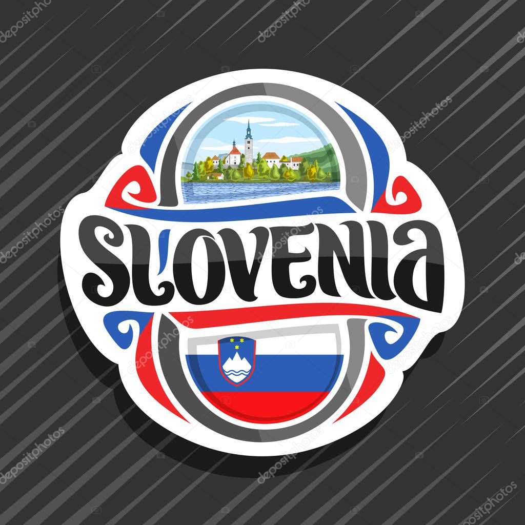 Vector logo for Slovenia country, fridge magnet with slovenian state flag, original brush typeface for word slovenia and national slovenian symbol - Pilgrimage Church on island on mountains background