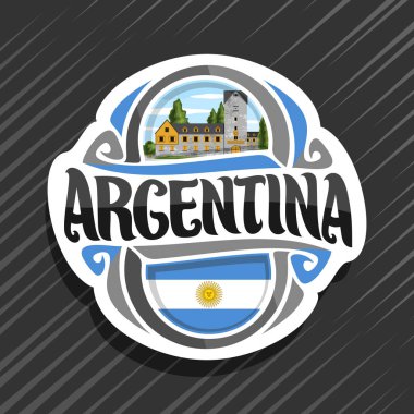 Arjantin Cumhuriyeti, Arjantin bayrağı ile buzdolabı mıknatıs, word Arjantin, Arjantinli sembolü - San Carlos de Bariloche civic Center'da gökyüzü arka plan üzerinde orijinal fırça yazı için vektör logo.