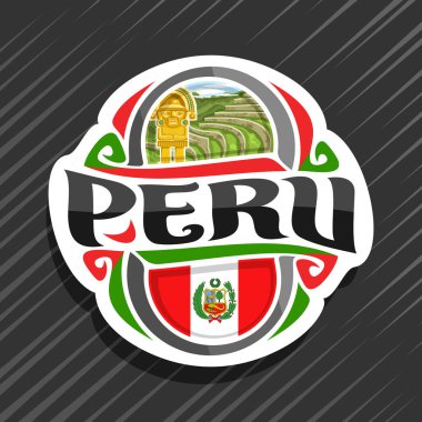 Peru ülke, Perulu devlet bayrağı, word peru ve ulusal Peru simgeler - antik Inka şehir Machu Picchu ve altın bıçak tumy orijinal fırça yazı ile buzdolabı mıknatıs için vektör logo.