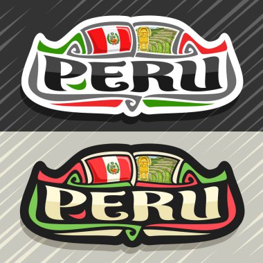 Peru ülke, Perulu devlet bayrağı, word peru ve ulusal Peru simgeler - antik Inka şehir Machu Picchu ve altın bıçak tumy orijinal fırça yazı ile buzdolabı mıknatıs için vektör logo.