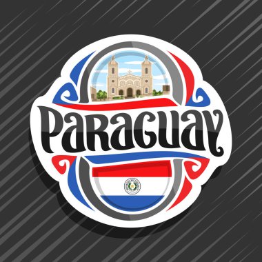 Vector logo for Paraguay country, fridge magnet with paraguayan flag, original brush typeface for word paraguay and national paraguayan symbol - Cathedral in Encarnacion city on cloudy sky background. clipart