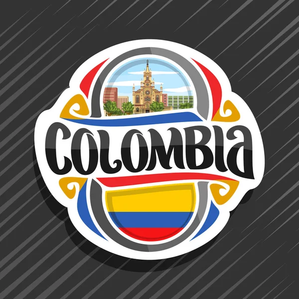 矢量标志为哥伦比亚国家 冰箱磁铁与哥伦比亚国旗 原始的刷子字体为词哥伦比亚 哥伦比亚国家标志 Nazareno 教会在麦德林在多云天空背景 — 图库矢量图片
