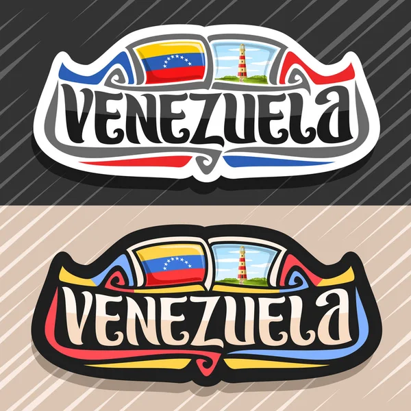 ベネズエラ国 ベネズエラの旗 オリジナル ブラシ書体単語ベネズエラとベネズエラ象徴プンタ サラゴサで曇り空を背景に灯台とマグネットのベクトルのロゴ — ストックベクタ