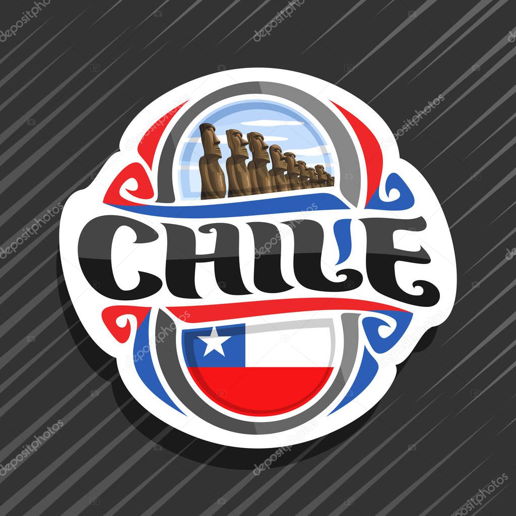 Vector logo for Chile country, fridge magnet with chilean state flag, original brush typeface for word chile and national chilean symbol - stone moai statues on Easter island on cloudy sky background.