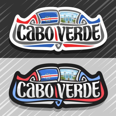 Vektör logosu için Cabo Verde Cumhuriyeti, cape verdean devlet bayrağı, kelime cabo verde ve ulusal sembol - bulutlu gökyüzü arka plan üzerinde Sao Filipe kilise için orijinal fırça yazı ile buzdolabı mıknatıs.