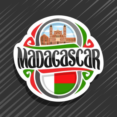 Madagaskar ülke, madagascan devlet bayrağı, word Madagaskar ve ulusal madagascan sembolü - bulutlu gökyüzü arka plan üzerinde Betafo içinde katedral için orijinal fırça yazı ile buzdolabı mıknatıs için vektör logo.