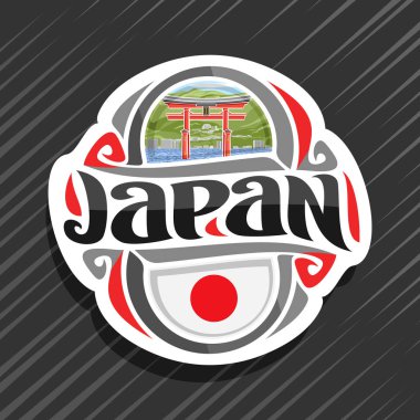 Vector logo for Japan country, fridge magnet with japanese state flag, original brush typeface for word japan and national japanese symbol - floating torii gate in Miyajima on mountains background. clipart