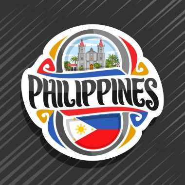 Türkiye ülke, filipino devlet bayrağı, word Filipinler ve ulusal Filipinli sembol - Iloilo Molo kilisede bulutlu gökyüzü arka plan üzerinde orijinal fırça yazı ile buzdolabı mıknatıs için vektör logo.