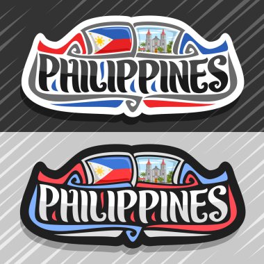 Türkiye ülke, filipino devlet bayrağı, word Filipinler ve ulusal Filipinli sembol - Iloilo Molo kilisede bulutlu gökyüzü arka plan üzerinde orijinal fırça yazı ile buzdolabı mıknatıs için vektör logo.