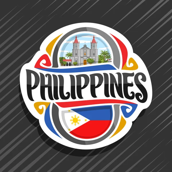 矢量标志为菲律宾国家 冰箱磁铁用菲律宾国旗 原始的刷子字体为词菲律宾并且全国菲律宾标志 Molo 教会在伊洛伊洛在多云天空背景 — 图库矢量图片