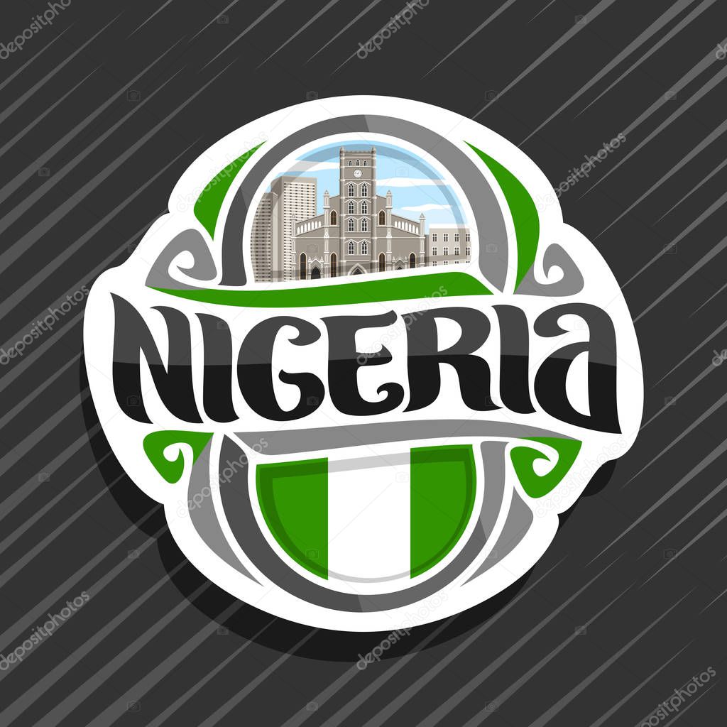 Vector logo for Nigeria country, fridge magnet with nigerian flag, original brush typeface for word nigeria and national nigerian symbol - cathedral church of Christ in Lagos on cloudy sky background.