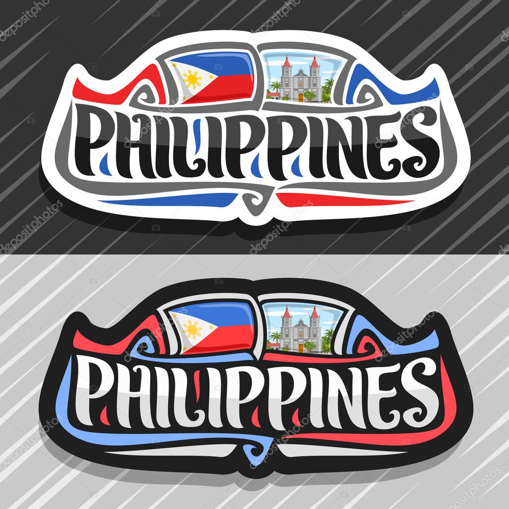 Vector logo for Philippines country, fridge magnet with filipino state flag, original brush typeface for word philippines and national filipino symbol - Molo church in Iloilo on cloudy sky background.