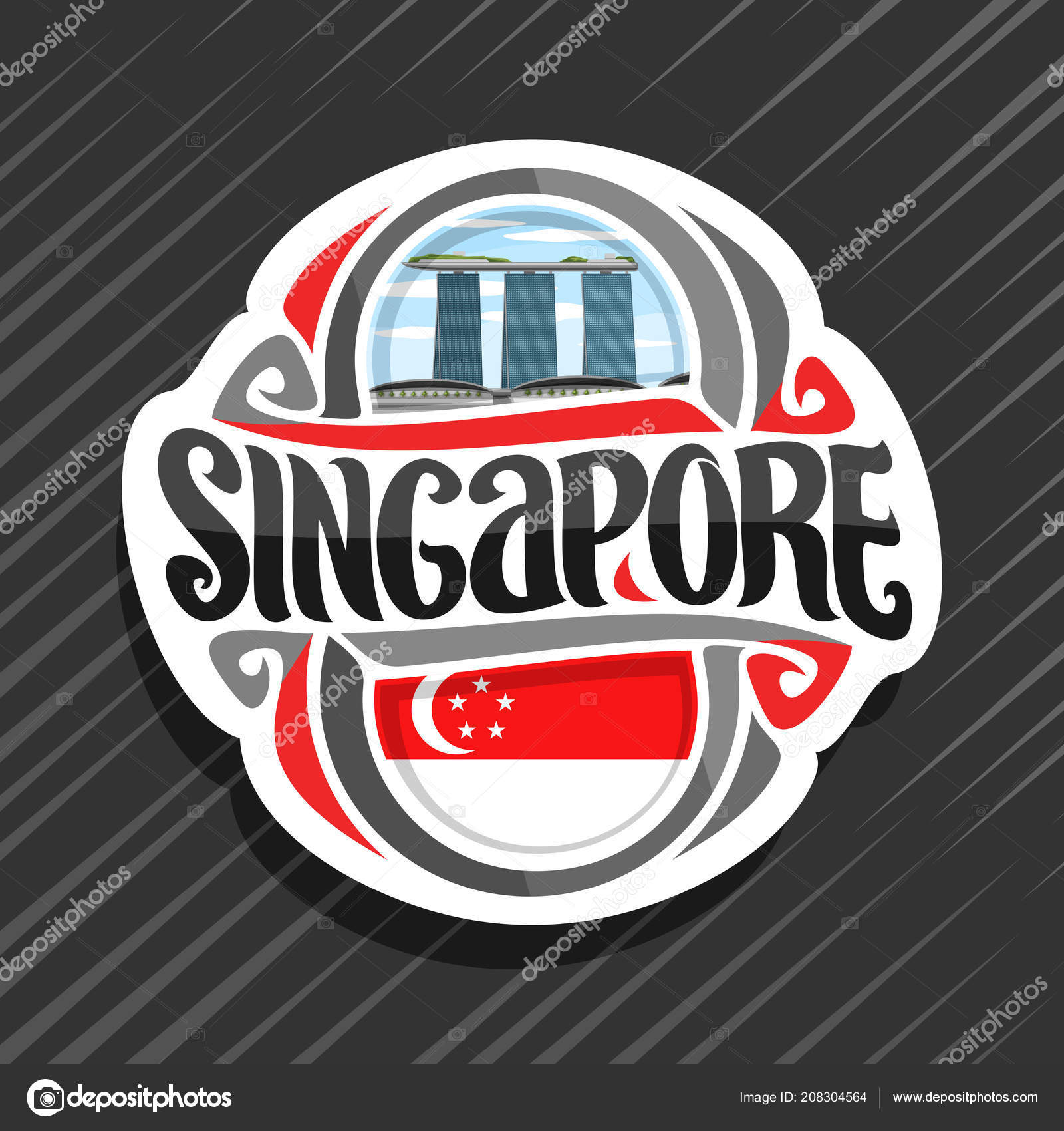 矢量标志新加坡国家冰箱磁铁与国家国旗原刷字样新加坡和国家标志度假酒店滨海湾金沙在蓝色多云的天空背景图库矢量图©mihmihmal 208304564