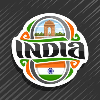 Vektör logo Hindistan ülke için bağımsızlık günü Hindistan Devlet bayrağı, word Hindistan ve Hint sembolü - Delhi kapıya bulutlu gökyüzü arka plan için orijinal fırça yazı ile buzdolabı mıknatıs.