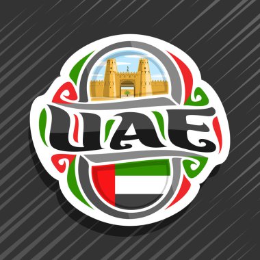 BAE ülke, Birleşik Arap Emirlikleri, orijinal fırça yazı word BAE, Arap sembolü - al ain oasis bulutlu gökyüzü arka plan üzerinde kalede Jahili için devlet bayrağı ile buzdolabı mıknatıs için vektör logo.