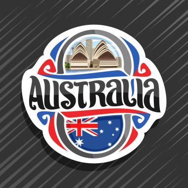 Avustralya ülke, Avustralya Devlet bayrağı, kelime Avustralya ve Avustralya sembolü - Sydney opera binası bulutlu gökyüzü arka plan üzerinde orijinal fırça yazı ile buzdolabı mıknatıs için vektör logo.