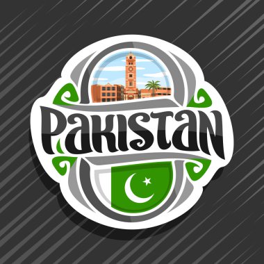 Pakistan ülke, Pakistan devlet bayrağı, kelime pakistan ve ulusal Pakistan sembol - Faisalabad Saat Kulesi bulutlu gökyüzü arka plan üzerinde orijinal fırça yazı ile buzdolabı mıknatıs için vektör logo.