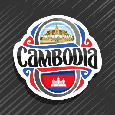 Kamboçya, Kamboçya Devlet bayrağı, word Kamboçya ve ulusal Kamboçyalı sembol - Phnom Penh gökyüzü arka plan üzerinde Kraliyet Sarayı için orijinal fırça yazı ile buzdolabı mıknatıs için vektör logo.