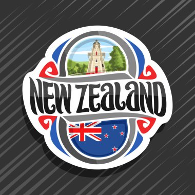 Yeni Zelanda ülke, yeni zealandian devlet bayrağı, kelime Yeni Zelanda ve Yeni Zelanda - bulutlu gökyüzü arka plan Akaroa deniz feneri'nın ulusal sembolü için orijinal fırça yazı ile buzdolabı mıknatıs için vektör logo.