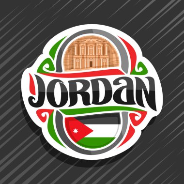 Jordan ülke için vektör logo, buzdolabı mıknatıs ile Ürdün devlet bayrağı, orijinal fırça yazı için word jordan ve ulusal Ürdün sembol - kırmızı zemin üzerine antik kenti Petra manastırda.