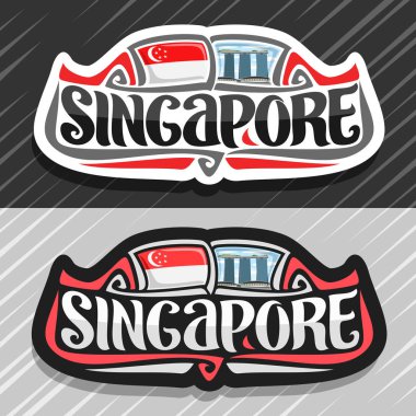 Singapur ülke için vektör logo, devlet bayrağı, word Singapur ve ulusal sembol - orijinal fırça yazı ile buzdolabı mıknatıs otel Marina Bay Sands mavi bulutlu gökyüzü arka plan üzerinde çare.