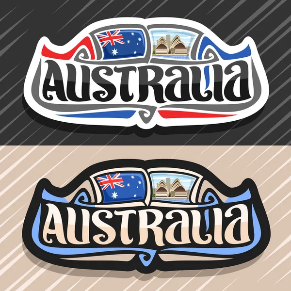 矢量标志为澳大利亚国家 冰箱磁铁与澳大利亚国旗 原始画笔字样澳大利亚和澳大利亚国家标志 悉尼歌剧院在多云的天空背景 — 图库矢量图片