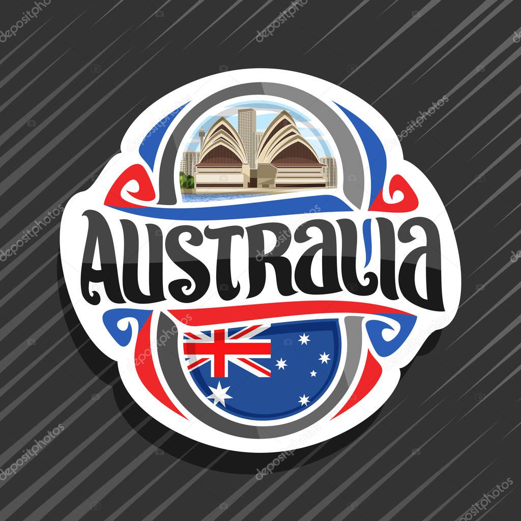 Vector logo for Australia country, fridge magnet with australian state flag, original brush typeface for word australia and national australian symbol - Sydney opera house on cloudy sky background.