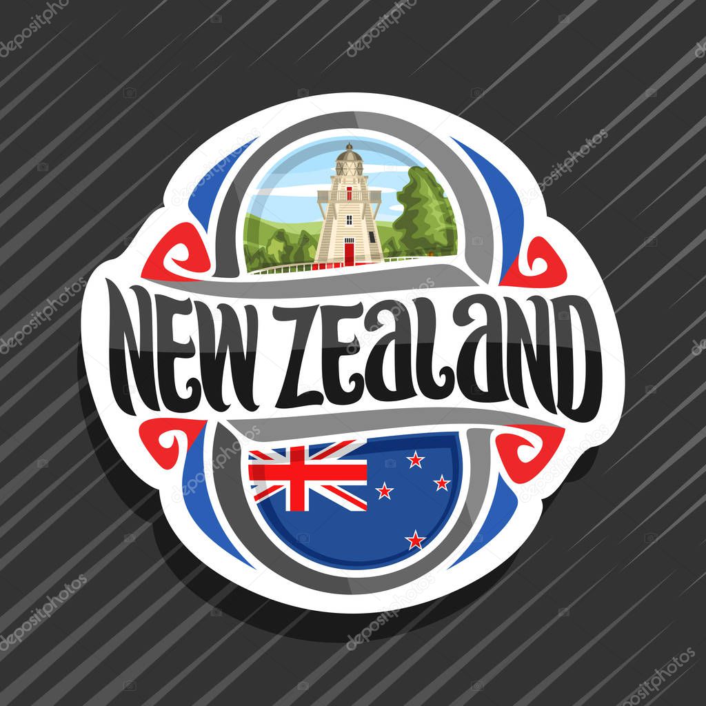 Vector logo for New Zealand country, fridge magnet with new zealandian state flag, original brush typeface for words new zealand and national symbol of NZ - Akaroa Lighthouse on cloudy sky background.