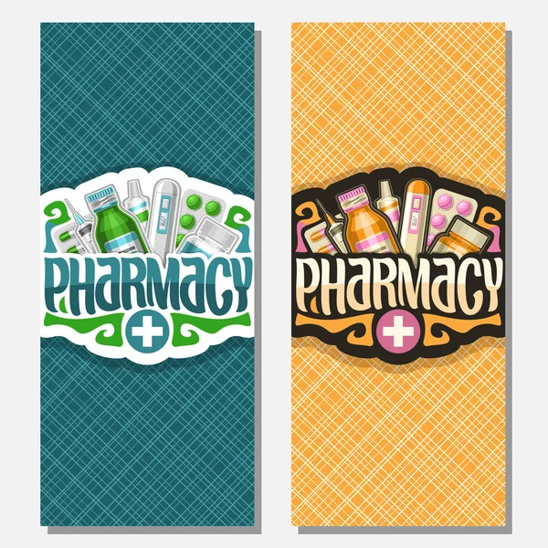 Vector Vertical Banners Pharmacy Sign Green Vial Digital Thermometer Aspirin — Stock Vector