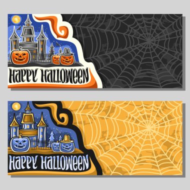 Vektör afiş kopya ile Cadılar Bayramı tatil için alan, turuncu ve mavi oyma kabaklar, ay eski ev yukarıda, orijinal fırça yazı sözler için mutlu Cadılar Bayramı, ürkütücü Jack o fener ile el ilanları.