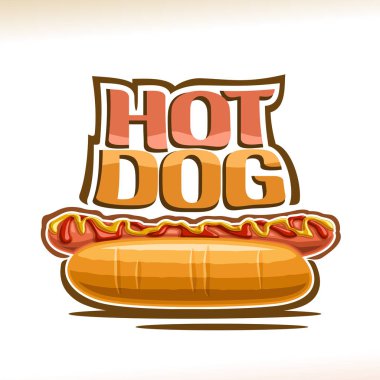 Sosis, domuz sosisi sarı hardal ve Domates ketçap ile taze kesilmiş topuz, kelime sosisli sandviç için orijinal yazı, fast food restoran menü için logo için vektör poster.