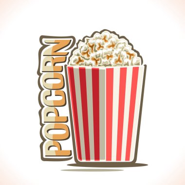 Patlamış mısır için vektör poster, kırmızı çizgili karton kova sinema evi, büyük kağıt bardak, lokanta kafeterya menüsü film Sarayı için logo için word patlamış mısır için özgün yazı için tuzlu pop Mısır dolu..