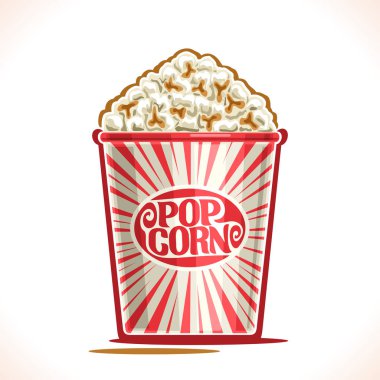 Pop Corn, kırmızı karton kova için vektör poster sinema evi, büyük kağıt bardak, lokanta kafeterya menüsü film Sarayı için logo etiketini üzerinde kelime pop Mısır için orijinal yazı tuzlu popcorn dolu.