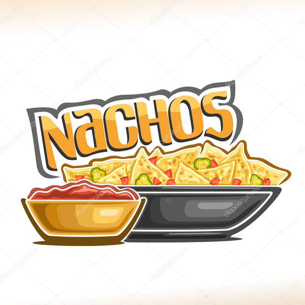 Vector poster for Mexican Nachos, corn chips with slice of hot jalapeno and chili in dish, bowl with tomato catchup, original lettering for word nachos, logo for menu of restaurant of mexican cuisine.