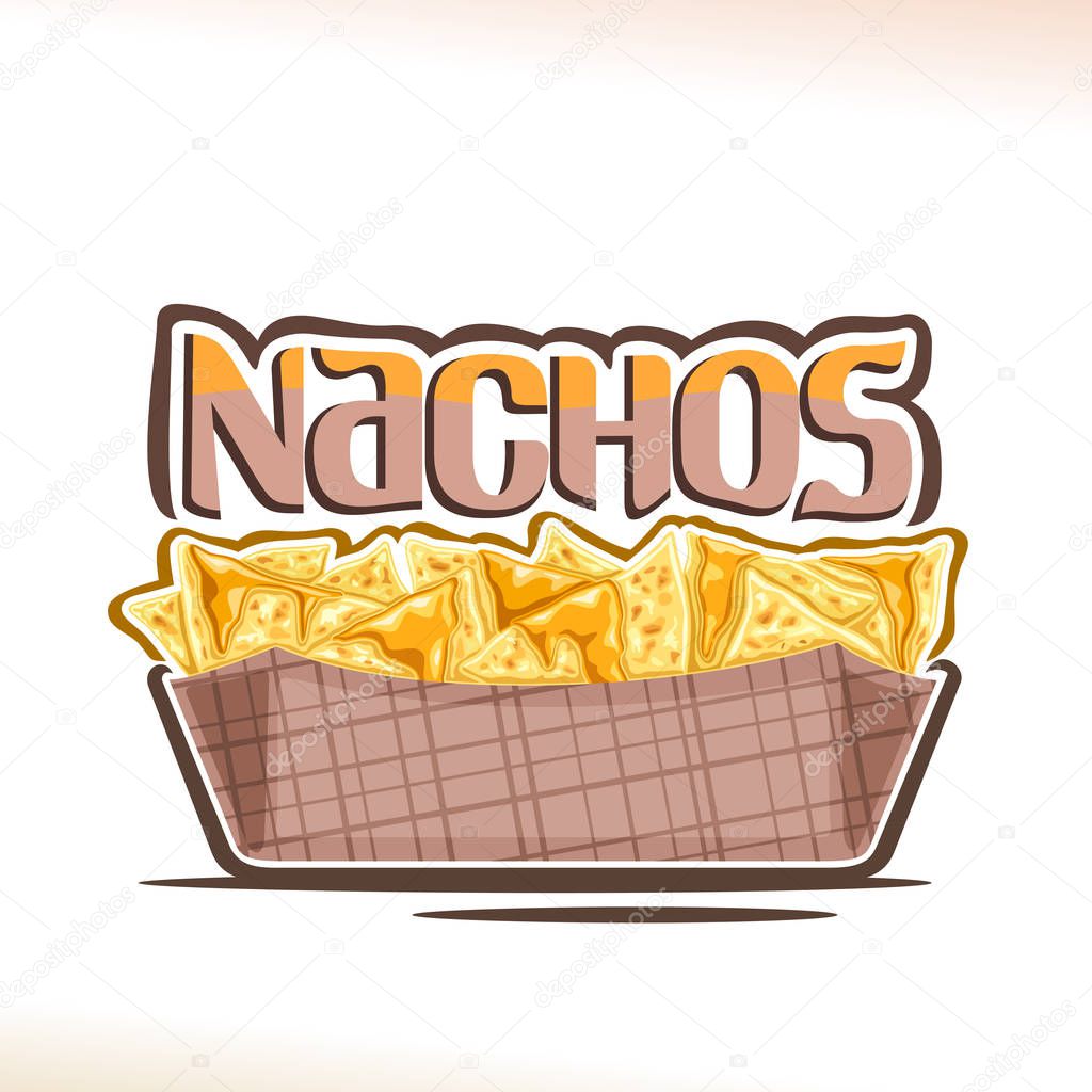 Vector poster for Mexican Nachos, triangle slices of corn chips poured melted cheese in cardboard dish, original typeface for word nachos, design logo for menu of fast food cafe with mexican cuisine.