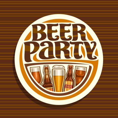 Bira partisi, beyaz amblemi vektör yuvarlak işareti ile taslak çek pilsner bardak bardak ve şişe craft Alman bira, kelime bira partisi için orijinal fırça yazı, Bavyera çubuğu için vintage bardak altlığı.