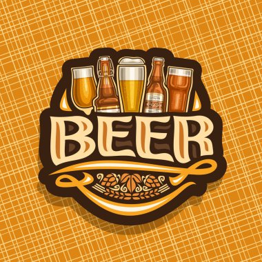 Bira, taslak çek pilsner bardak bira bardağı ve zanaat Alman bira şişe ile karanlık işaret, kelime bira için orijinal yazı, arpa spikelets olan Bavyera çubuk için vintage coaster için vektör logo.